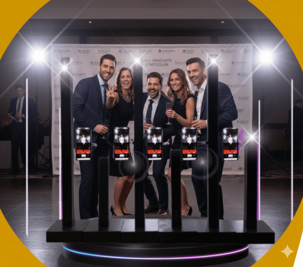give seo friendly alt tag for this image


A corporate event with well-dressed people posing for a photo at a "Paparazzi Photo Booth." The booth features a ring light and smartphones mounted on stands. The backdrop is a branded banner for the "GLOBAL INNOVATE SYMPOSIUM" with bright spotlights.