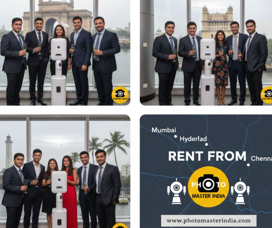 Group of professionals posing with a photo booth near Gateway of India, promoting Photo Master India rental services available in Mumbai, Hyderabad, and Chennai.