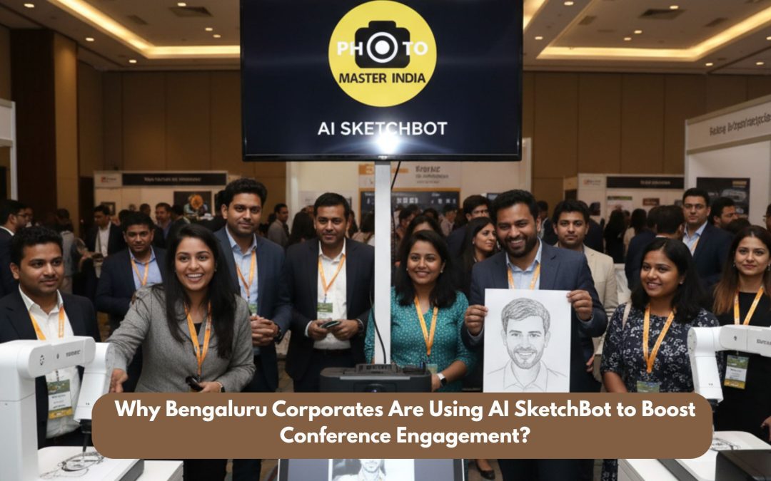 A group of corporate professionals at a Bengaluru conference smiling and interacting with an AI Sketchbot photo booth by Photo Master India, holding a sketched portrait.