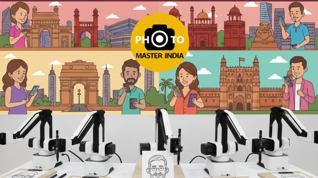 AI Sketchbot drawing setup for corporate events with illustrated city scenes of Mumbai, Delhi, Bangalore, and Hyderabad.