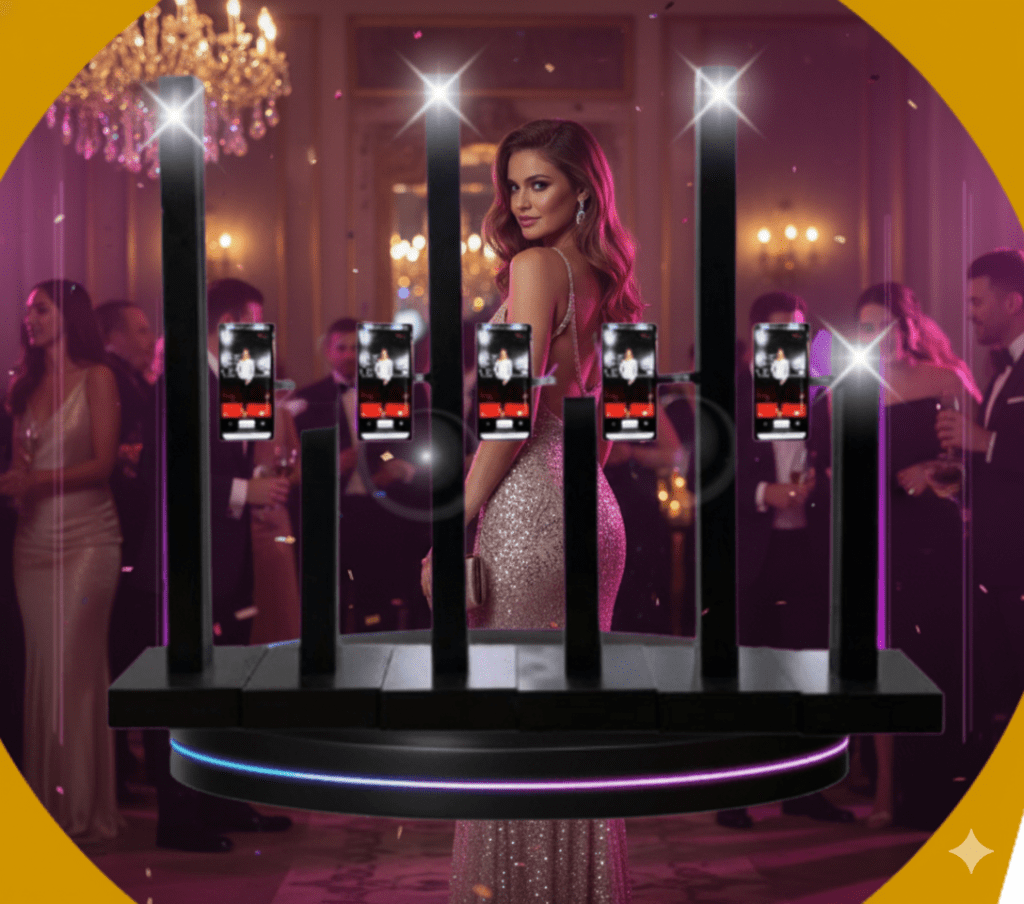 Glamorous model posing behind a Photo Master India's paparazzi photo booth, ready for event rentals.