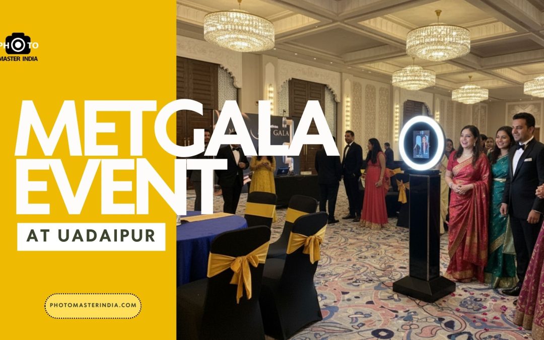Guests enjoying a Met Gala themed event in Udaipur with Photo Master India’s interactive photo booth setup in a luxurious ballroom