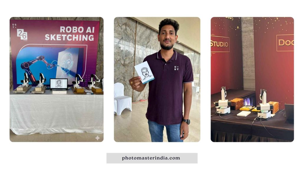 AI Sketchbot machines creating live sketches at UST’s Hyderabad and Bangalore events by Photo Master India.
