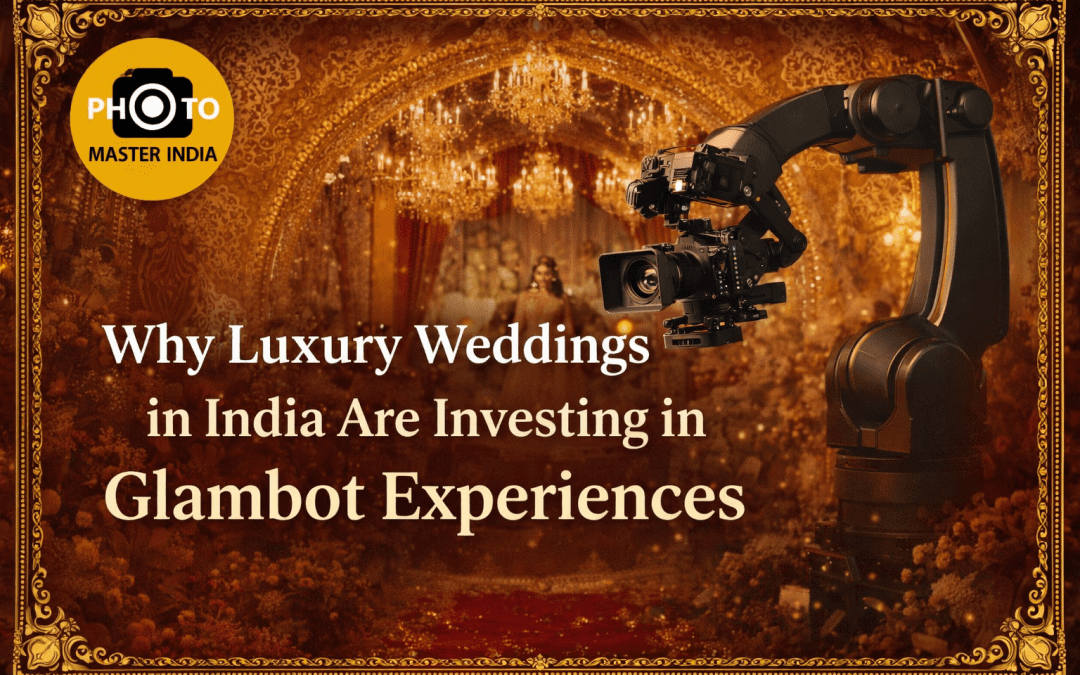 Royal luxury Indian wedding setup featuring glambot camera capturing cinematic slow-motion moments with Photo Master India branding