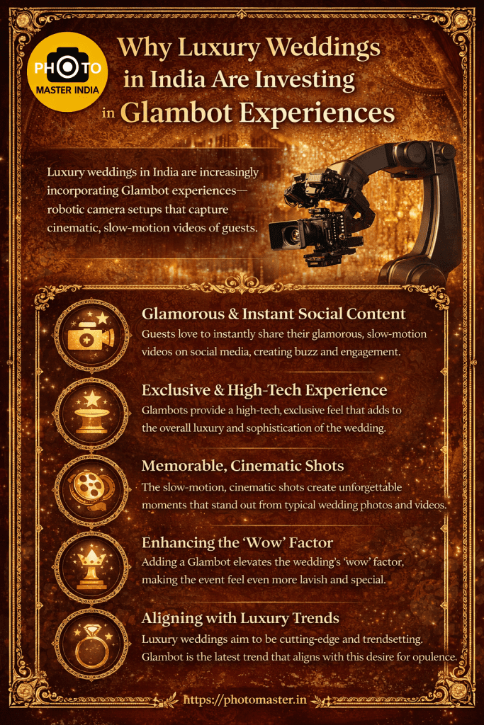 Royal luxury Indian wedding setup featuring glambot camera capturing cinematic slow-motion moments with Photo Master India branding