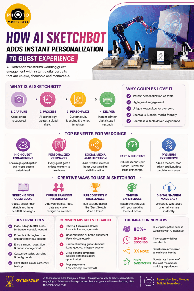 Infographic explaining AI sketchbot experience with steps, benefits, wedding guest engagement ideas, and personalized wedding ideas