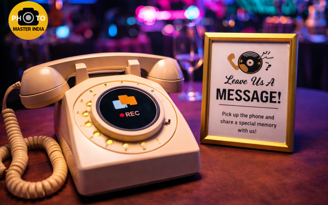 Audio guest book setup with vintage phone and party ambiance for corporate events and celebrations