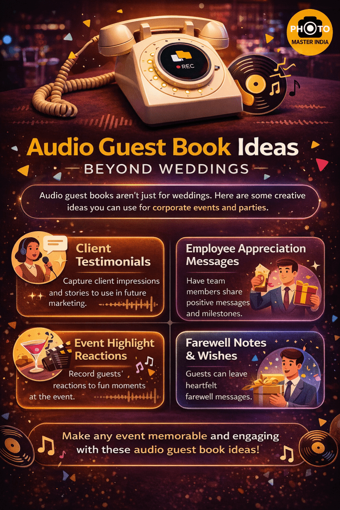 Infographic showing audio guest book ideas for corporate events and parties including testimonials, employee messages and event reactions