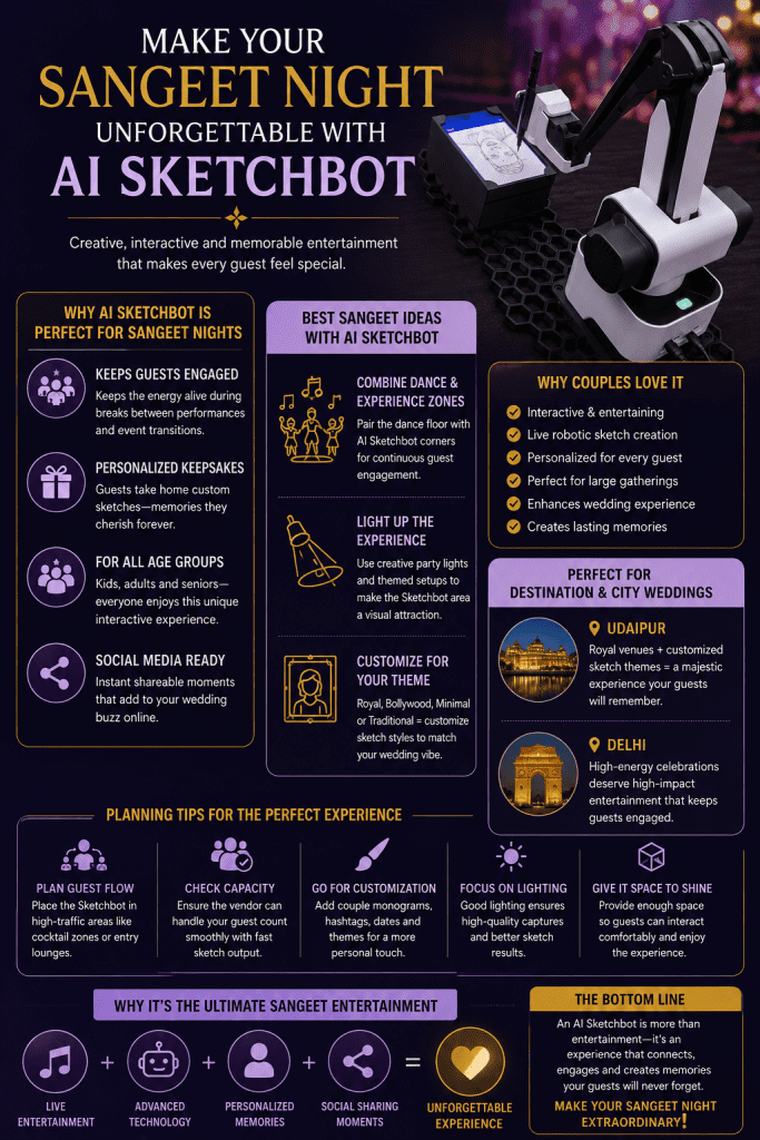 Infographic showing creative sangeet ideas with AI Sketchbot for modern weddings in Udaipur and Delhi