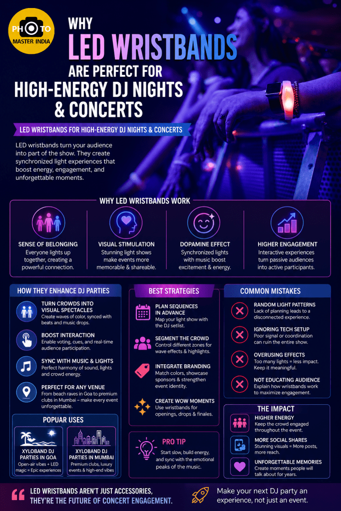 LED wristband concert infographic showing crowd engagement and DJ party lighting effects