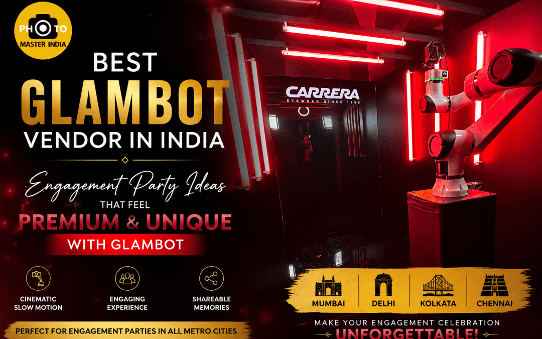 Best Glambot vendor in India showcasing a premium robotic camera setup for luxury engagement party experiences by Photo Master India