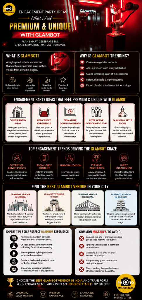Engagement party ideas with Glambot infographic featuring couple entry ideas, engagement trends, and metro city celebration inspiration