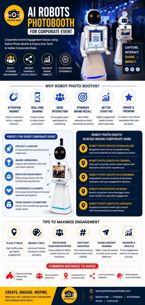 Corporate event engagement infographic featuring robot photo booth benefits and interactive technology strategies