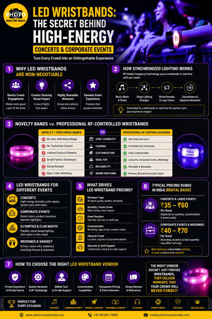LED Wristband Vendors infographic explaining synchronized lighting, pricing, event use cases, and vendor selection in India