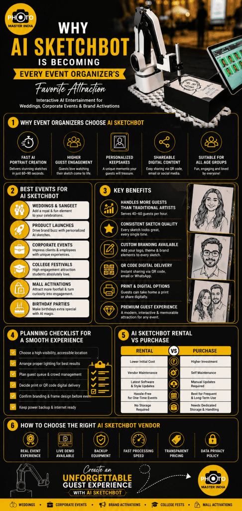 AI Sketchbot Vendors infographic explaining benefits, event use cases, rental options, and vendor selection in India