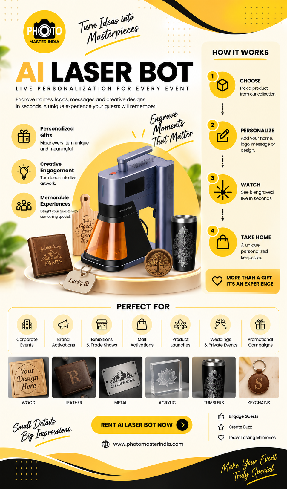 AI Laser Bot live laser engraving and personalization experience for corporate events, brand activations, exhibitions and promotional campaigns by Photo Master India